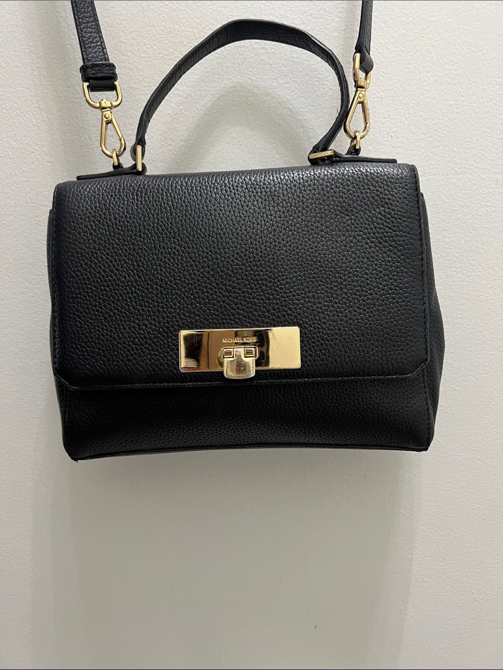 Michael Kors Black Pebbled Leather Top Handle Satchel with Gold Hardware